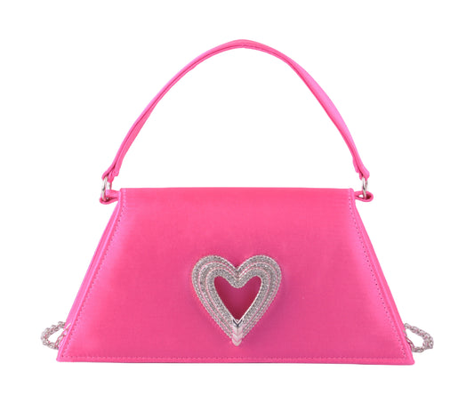 1589-PINK 1589 - Chic Satin Satchel Crossbody with Heart Embellishment - Wholesale Handbag - Most Wanted USA