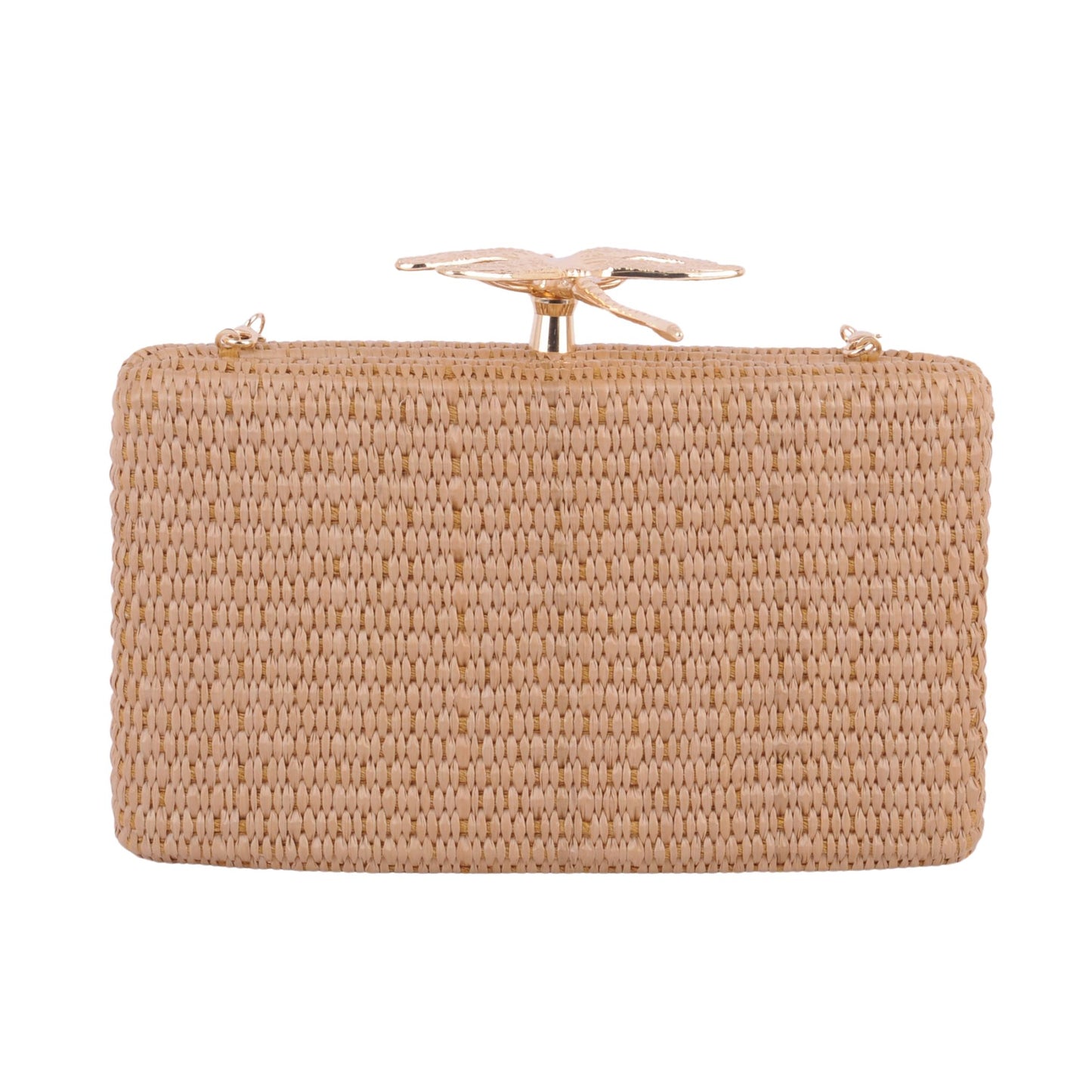 1607-DARK NATURAL - Dragonfly Hardware Raffia Clutch with Chain Crossbody - Wholesale Handbag - Most Wanted USA