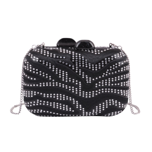 1611-BLACK - Natural Handmade Embroidery and Crystal Waves Clutch with Chain Crossbody - Wholesale Handbag - Most Wanted USA