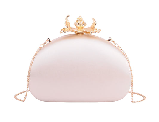 1612 - Silk Round Clutch with Intricate Flower Hardware and Chain Crossbody Strap - Wholesale Handbag - Most Wanted USA