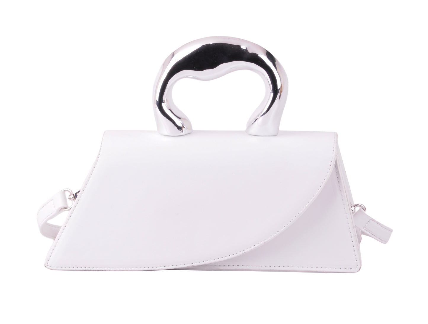 1628-WHITE 1628 - Modern Edge: Asymmetrical Crossbody with Statement Chrome Handle - Wholesale Handbag - Most Wanted USA