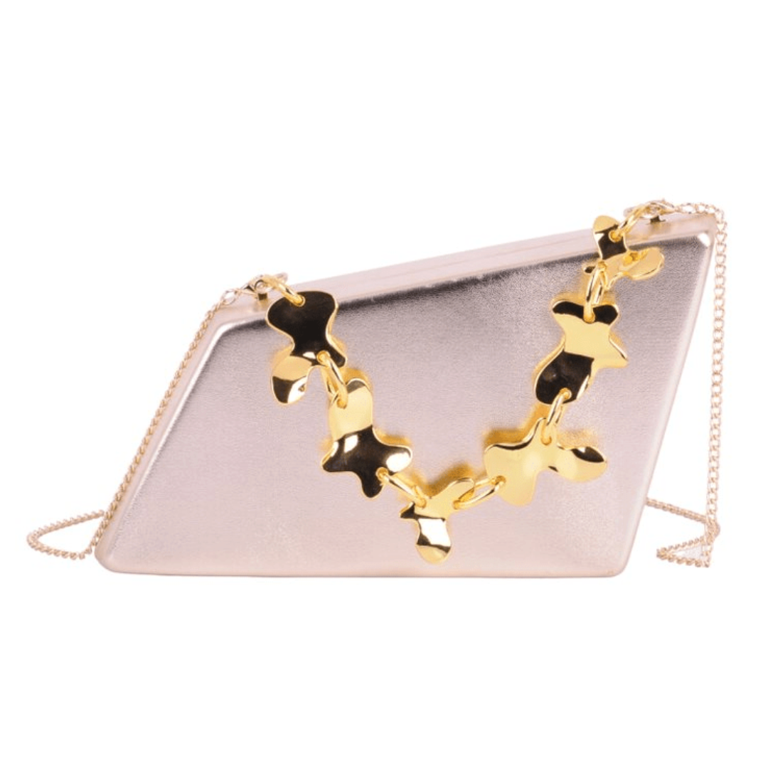 Shimmery Asymmetrical Clutch with Abstract Chain Top Handle
