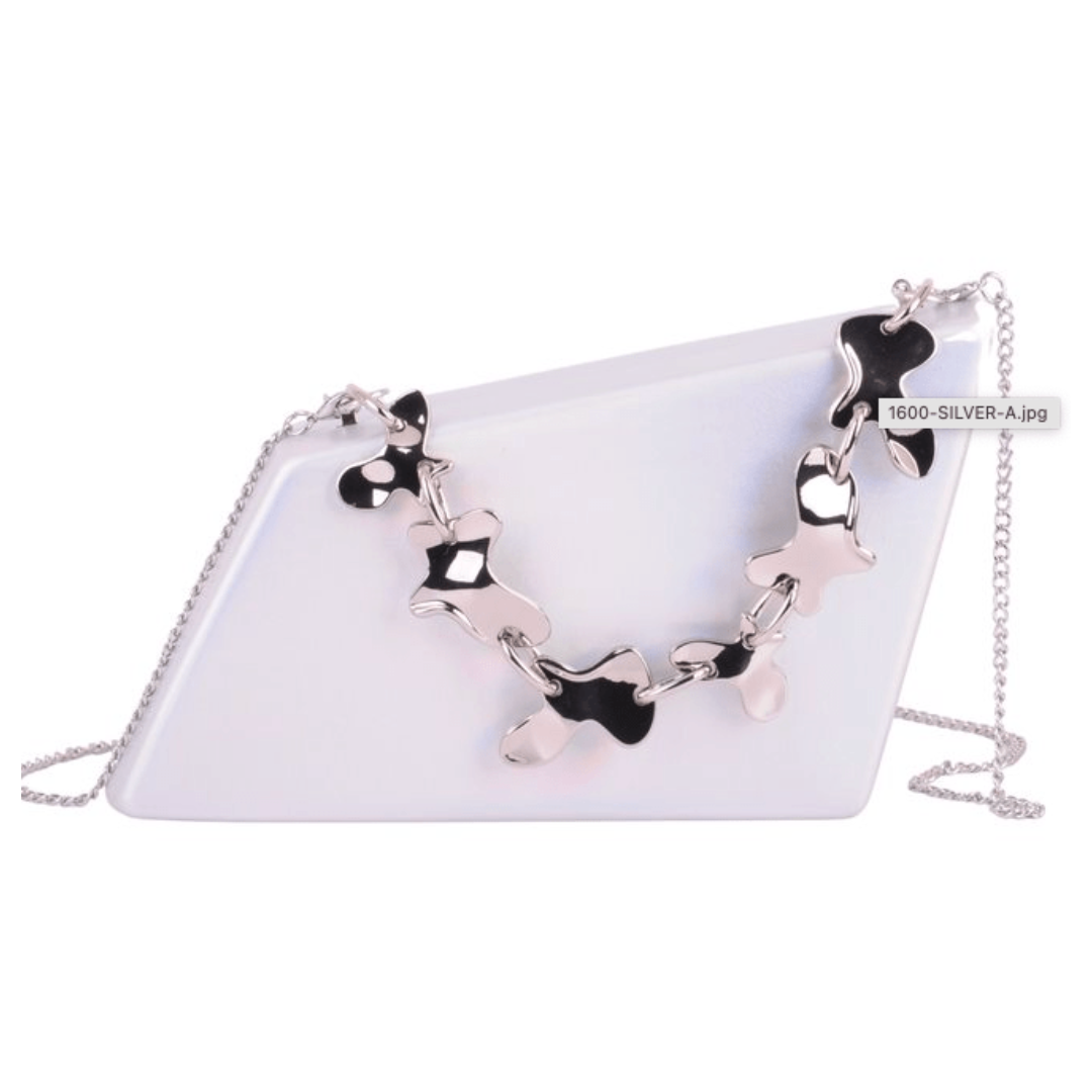 Shimmery Asymmetrical Clutch with Abstract Chain Top Handle