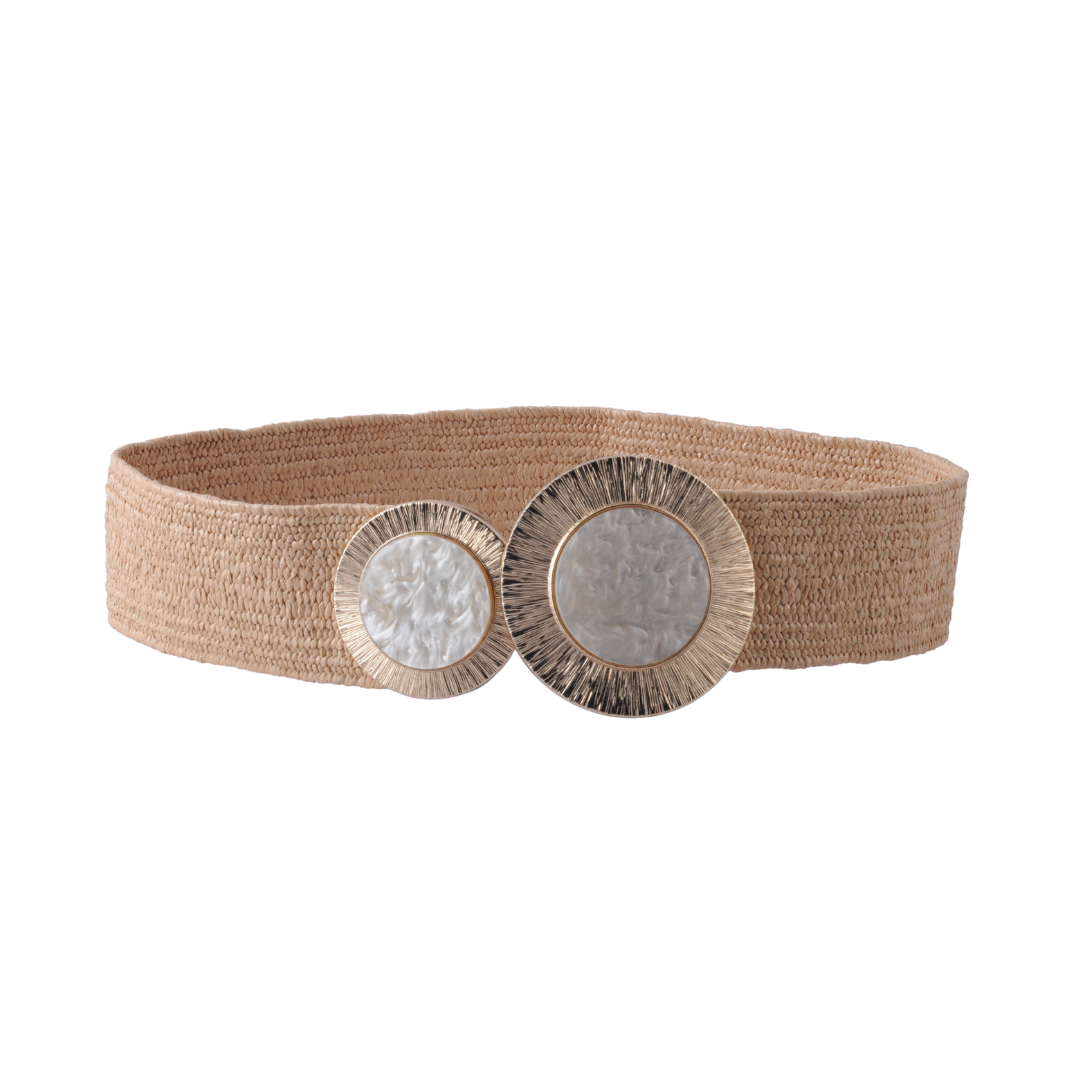 Wide Raffia Stretch Belt with Double Pearl Circle Buckle