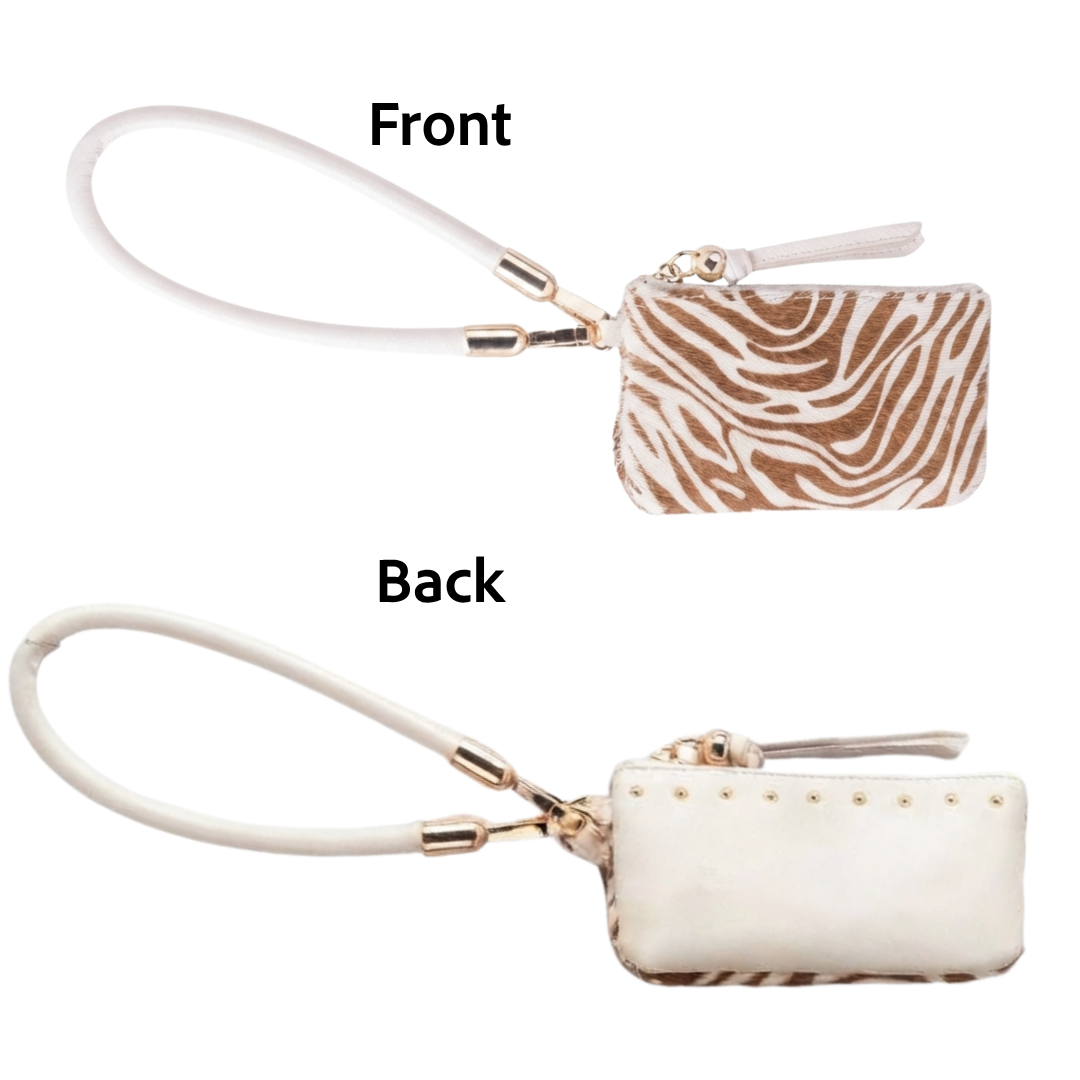 Safari Wristlet: Genuine Calf Hair Leather Zip Pouch with Wrist Strap