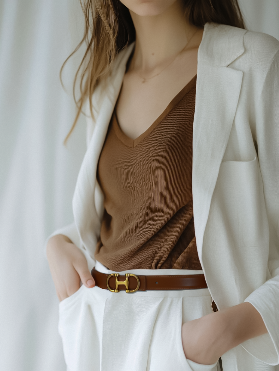 Stitched Clean Leather Belt with Equestrian Buckle - Ships September 29th