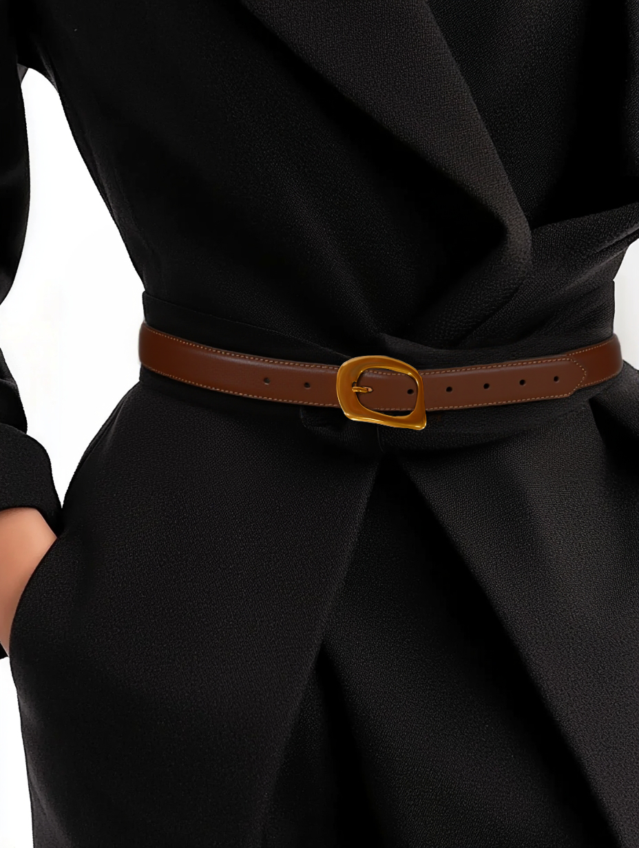 Stitched Clean Leather Belt with Asymmetrical Buckle - Ships October 27th