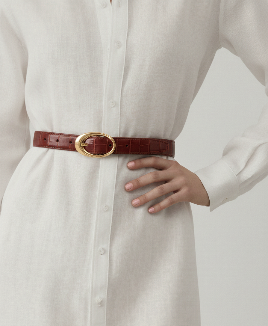 Croco Clean Stitched Belt with Oval Buckle - Ships December 22nd