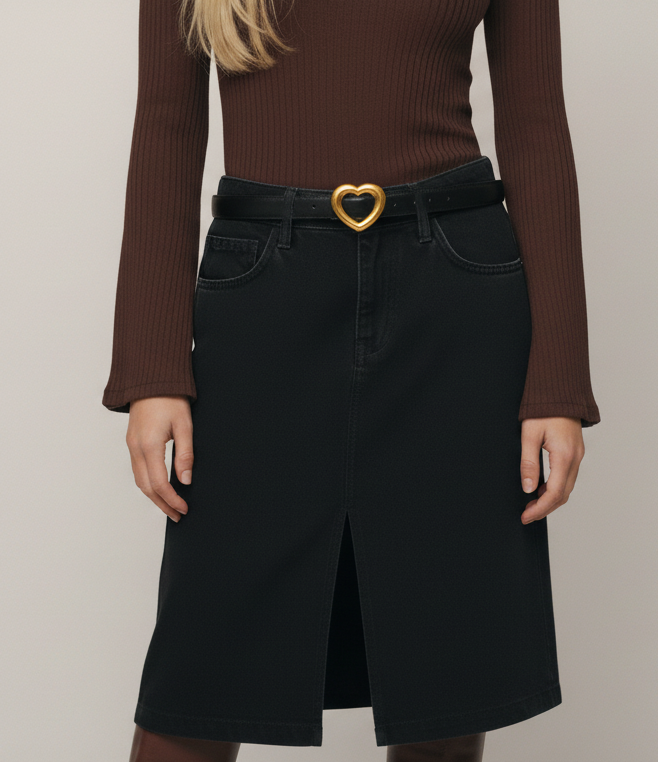 Stitched Clean Leather Belt with Heart Buckle