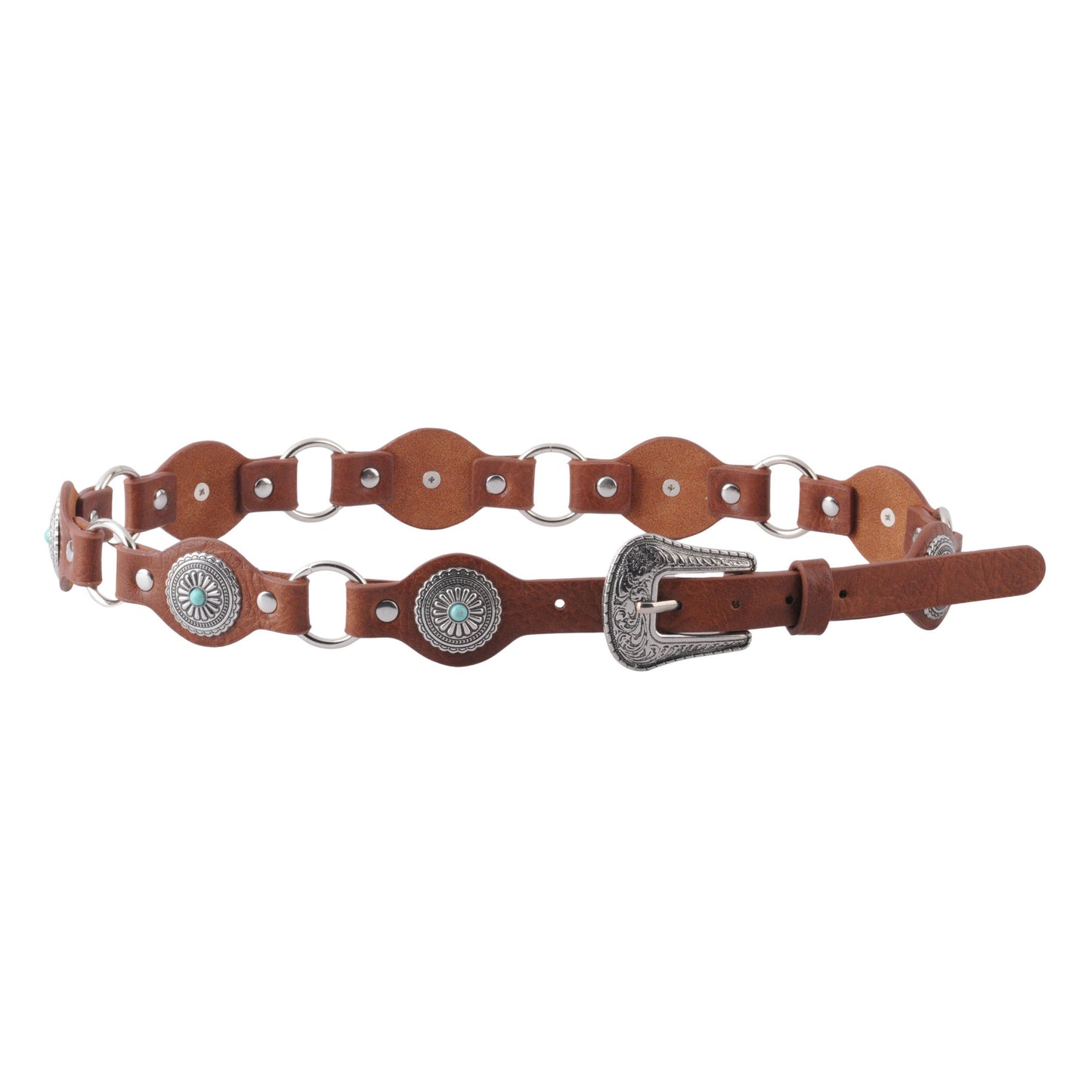 Thin Leather Metal Concho Belt with Western Buckle