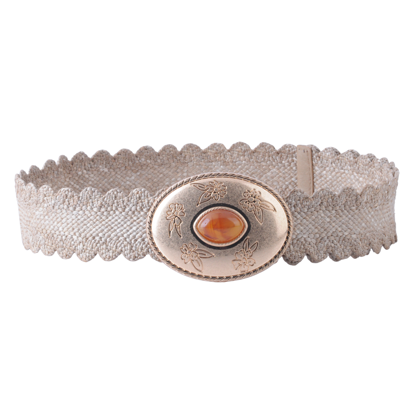 Scalloped Raffia Corset Belt with Amber Stone Buckle