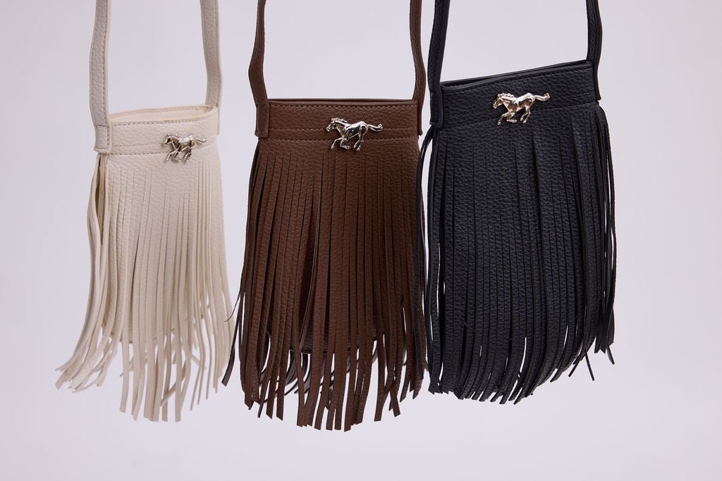 Vegan Leather Fringe North-South Bag with Horse Hardware