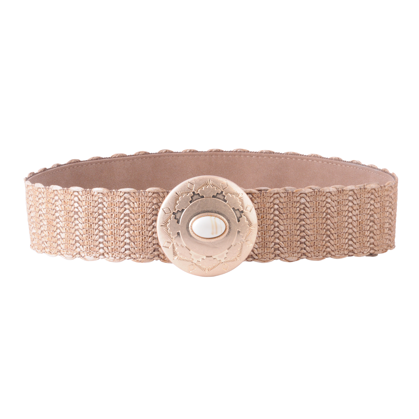 Textured Raffia Belt with Engraved Pearl Buckle