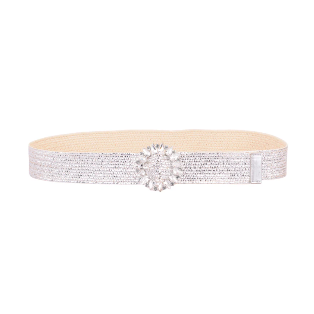 All-Silver Stretch Belt with Rhinestone Circle Buckle