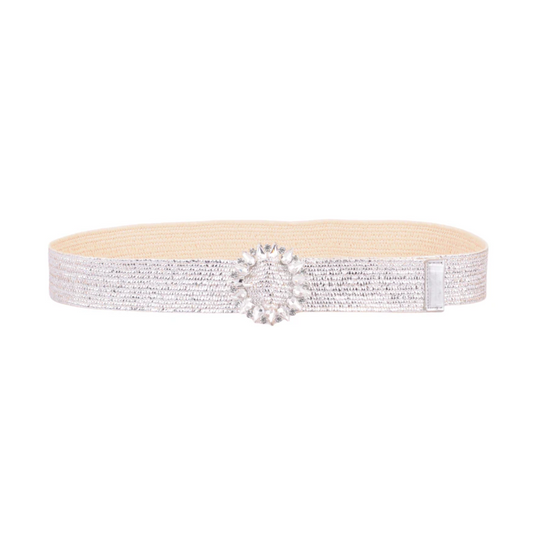 All-Silver Stretch Belt with Rhinestone Circle Buckle