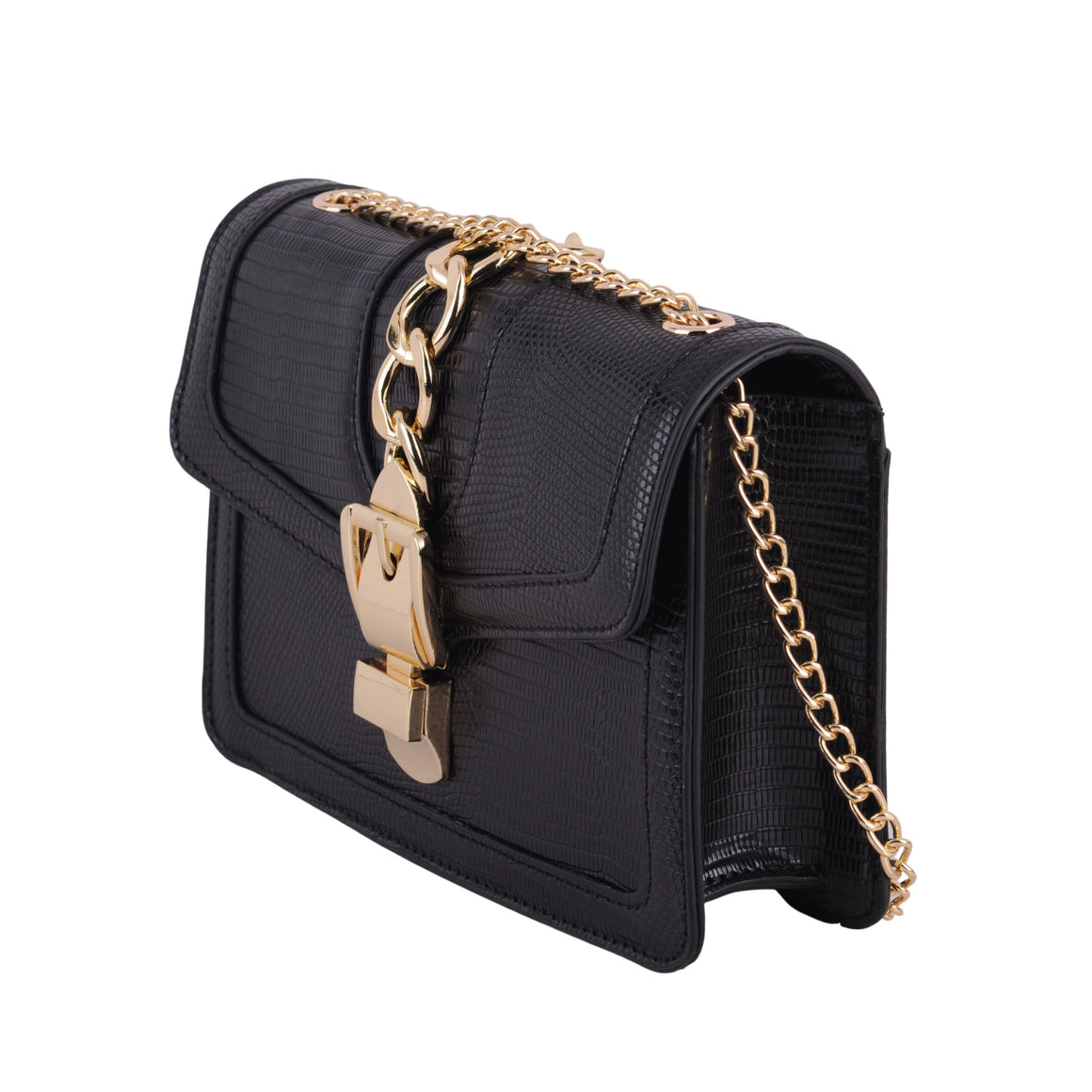 1381 - Lizard Print Gold Buckle and Chain Accent Crossbody