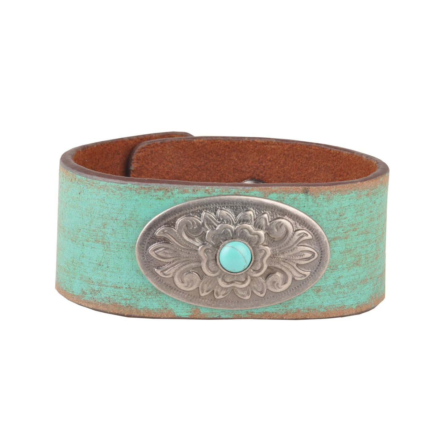 452B - Turquoise Centered Concho On Handpainted Leather Bracelet
