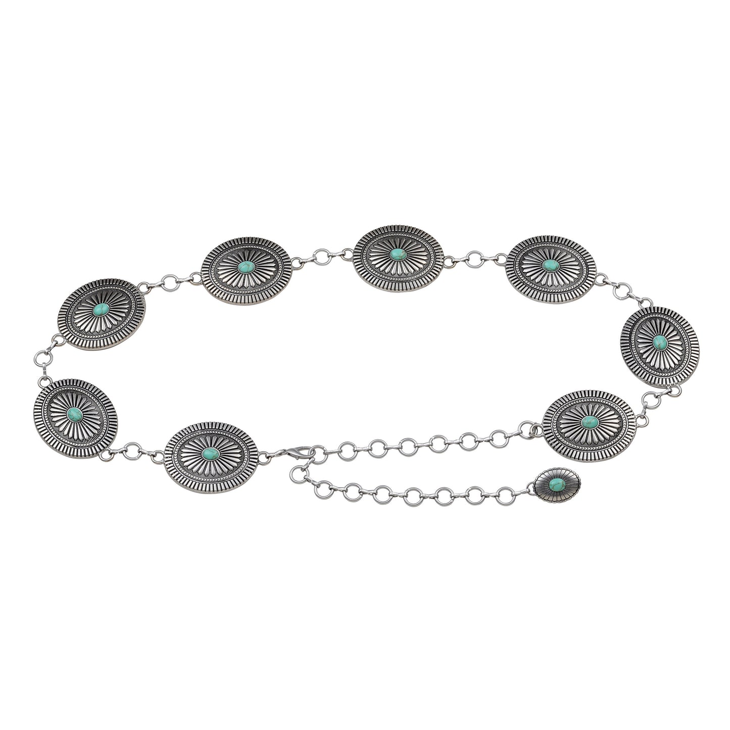 5074-SILVER 5074 - Western Silver Turquoise Concho Chain Belt - Wholesale Belt - Most Wanted USA
