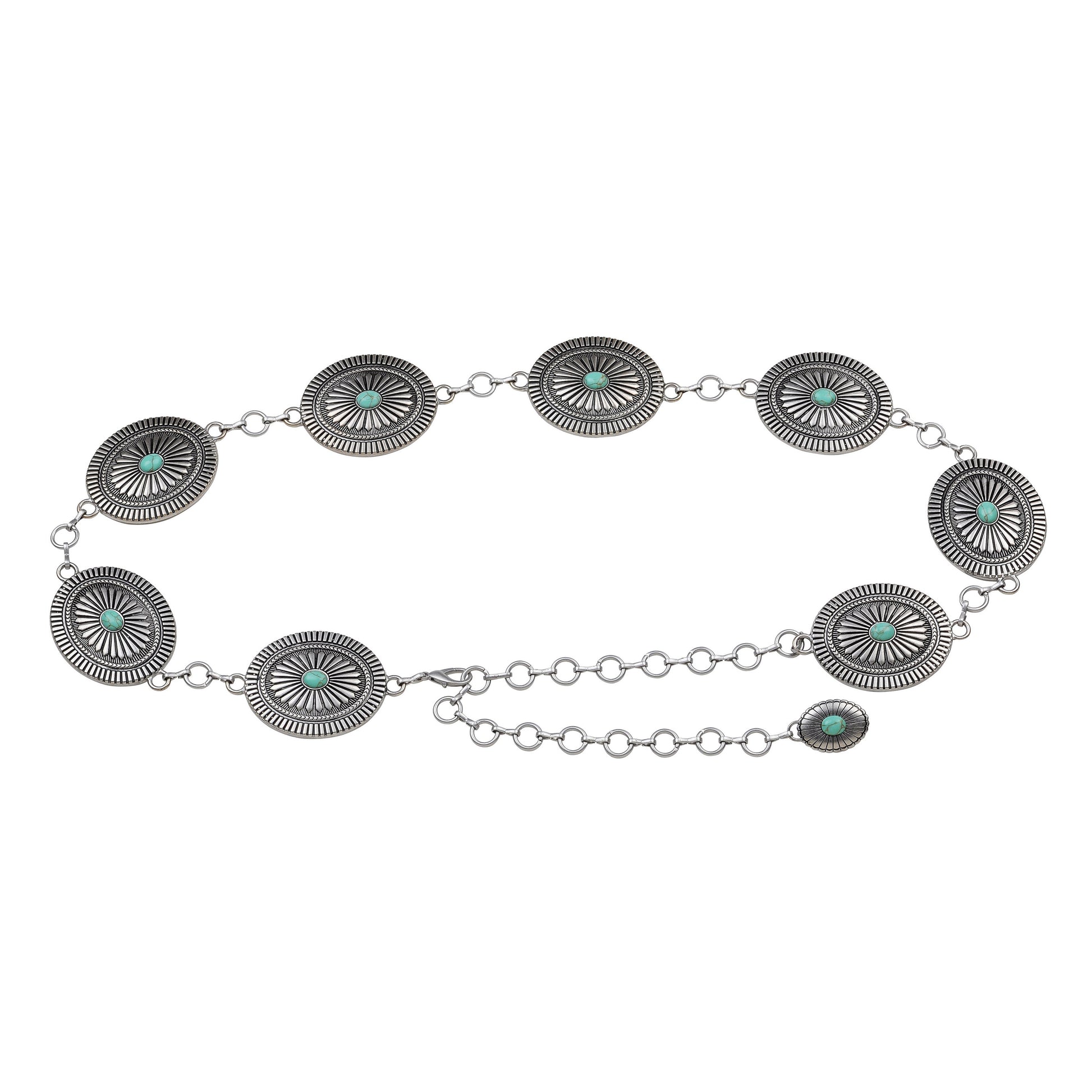 5074-SILVER 5074 - Western Silver Turquoise Concho Chain Belt - Wholesale Belt - Most Wanted USA