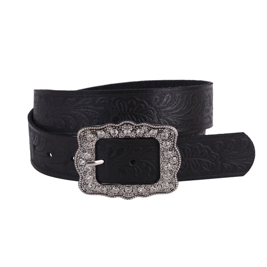 5152-BLACK-S 5152 - Tooled Leather Belt with Vintage Rhinestone Frame Buckle - Wholesale Belt - Most Wanted USA