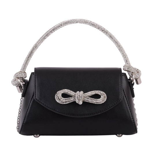 1475-BLACK 1475 - Black Faux Leather Handbag with Rhinestone Bow - Wholesale Handbag - Most Wanted USA