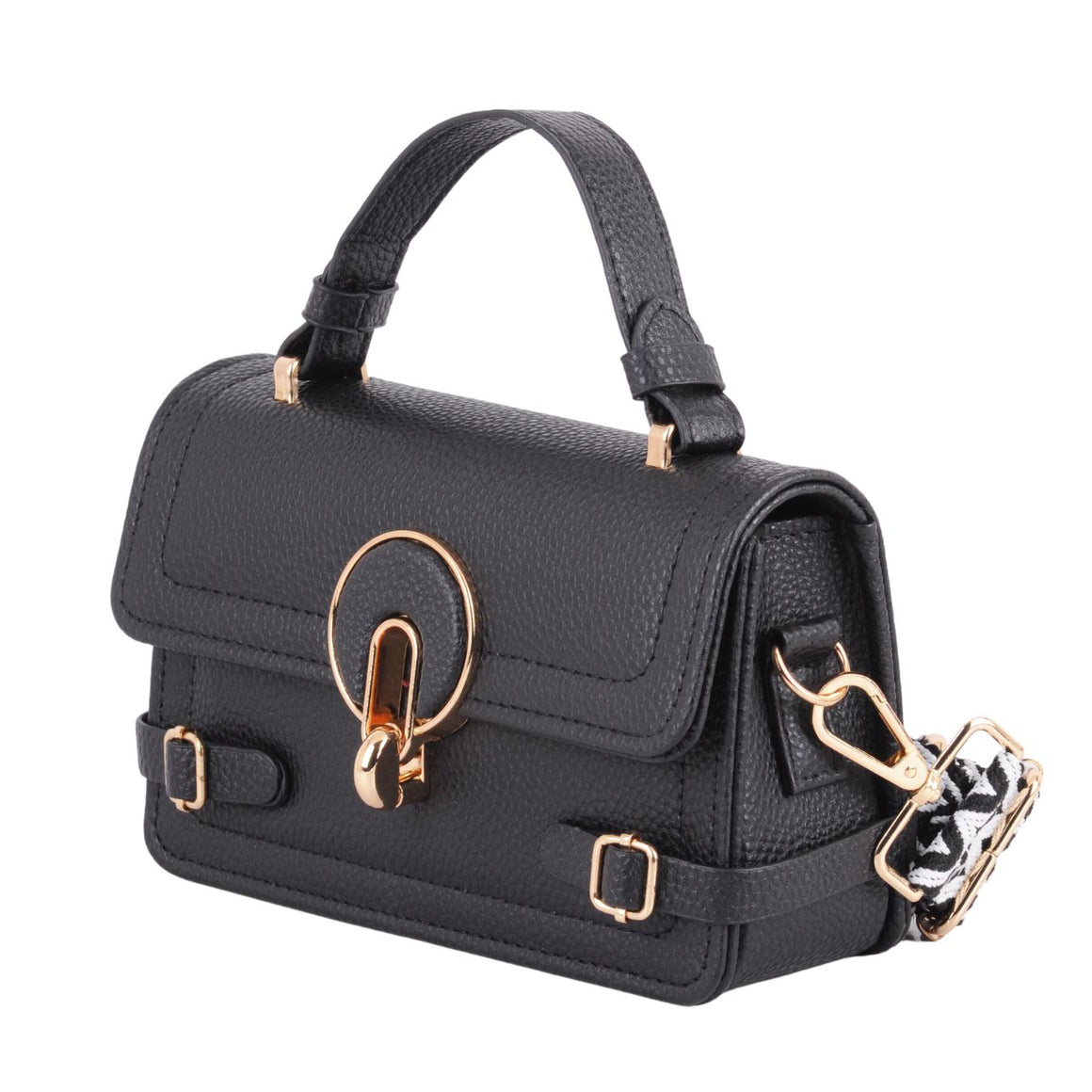 1541 - Modern Elegance: Top Handle with Rounded Accent Hardware and Matching Web Strap, plus PU Crossbody Strap