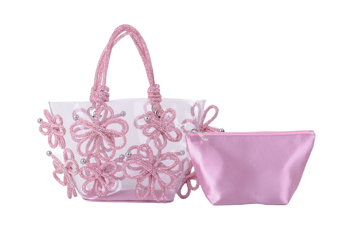 1555 - Crystal Clear Elegance: Rhinestone Floral Ropes Satchel with Stylish Pouch - A Transparent Triumph
