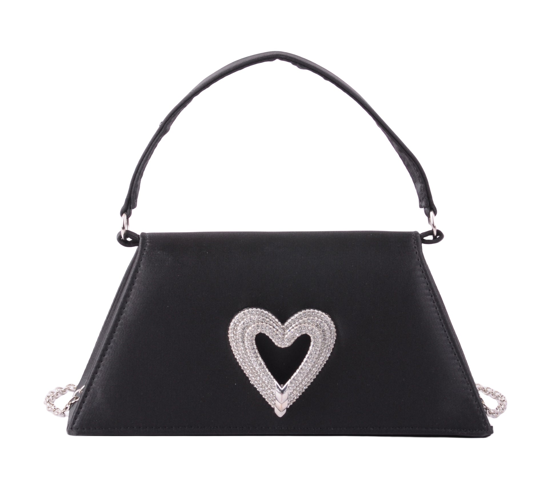 1589-BLACK 1589 - Chic Satin Satchel Crossbody with Heart Embellishment - Wholesale Handbag - Most Wanted USA
