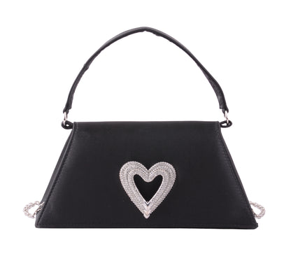 1589-BLACK 1589 - Chic Satin Satchel Crossbody with Heart Embellishment - Wholesale Handbag - Most Wanted USA