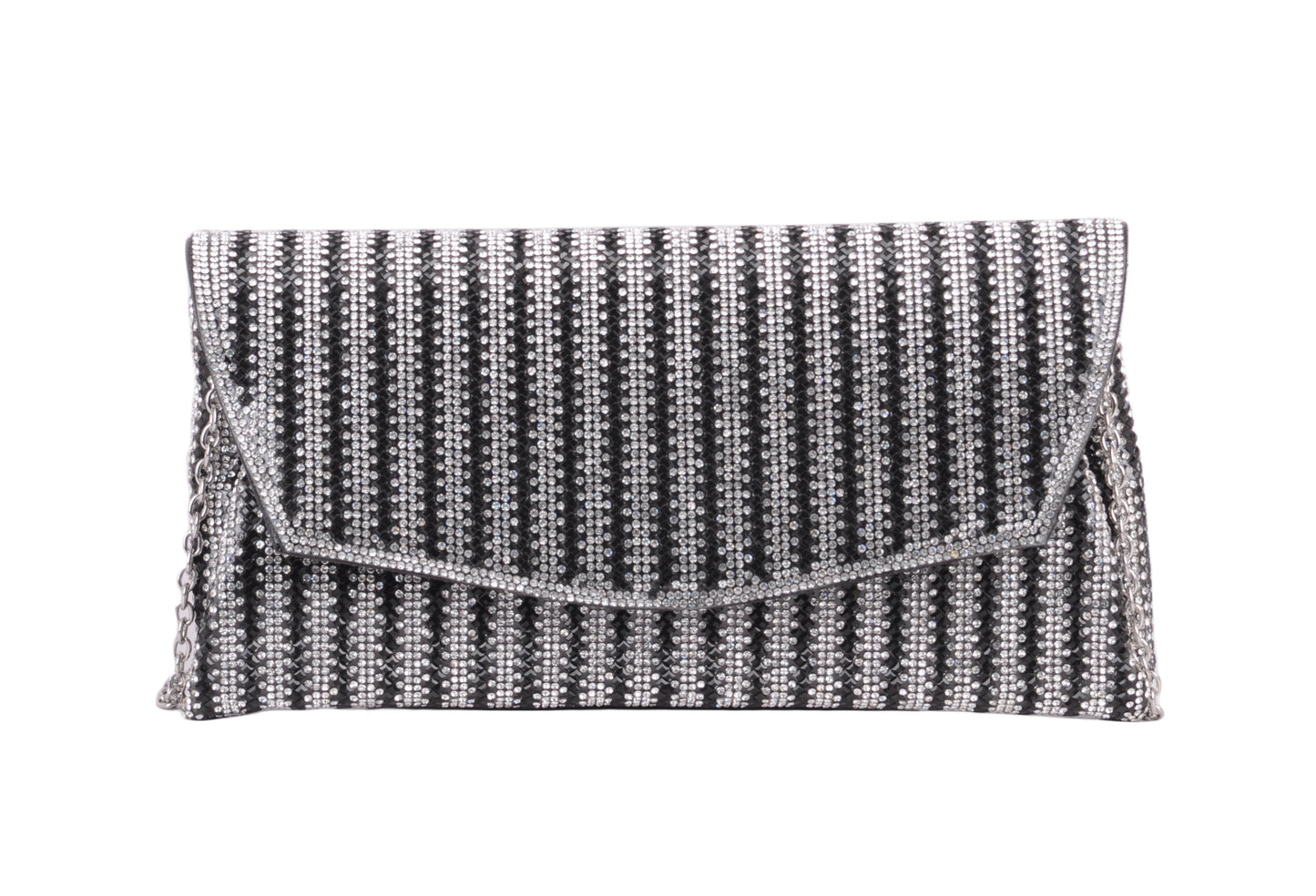 1596-BLACK 1596 - Dazzling Allure: Rhinestone Glam Envelope Clutch with Crossbody Strap - Wholesale Handbag - Most Wanted USA