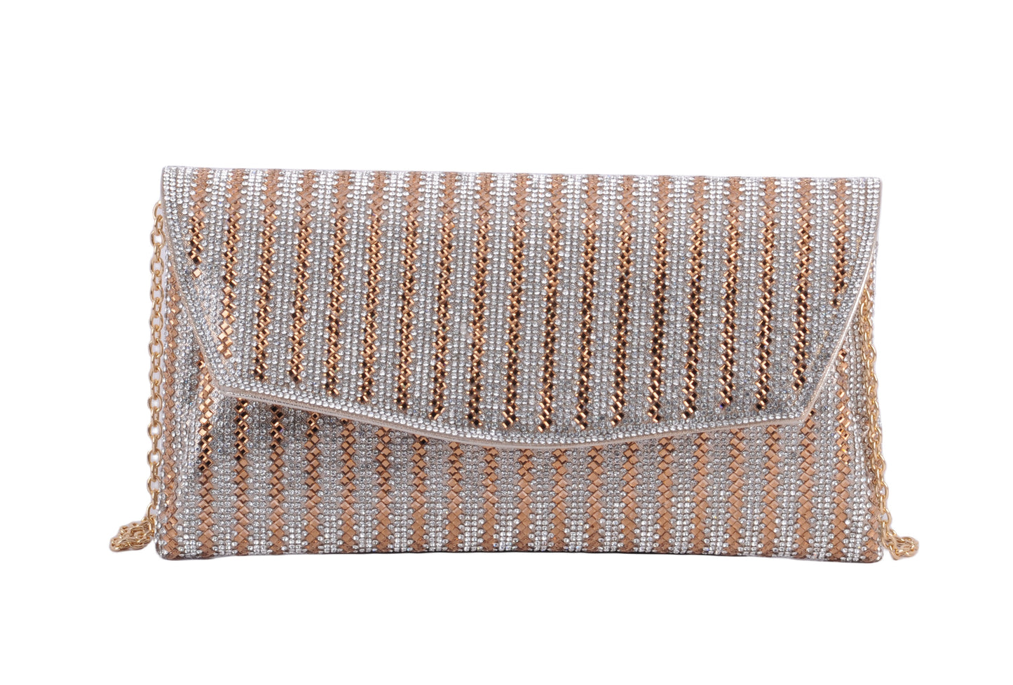 1596-GOLD 1596 - Dazzling Allure: Rhinestone Glam Envelope Clutch with Crossbody Strap - Wholesale Handbag - Most Wanted USA