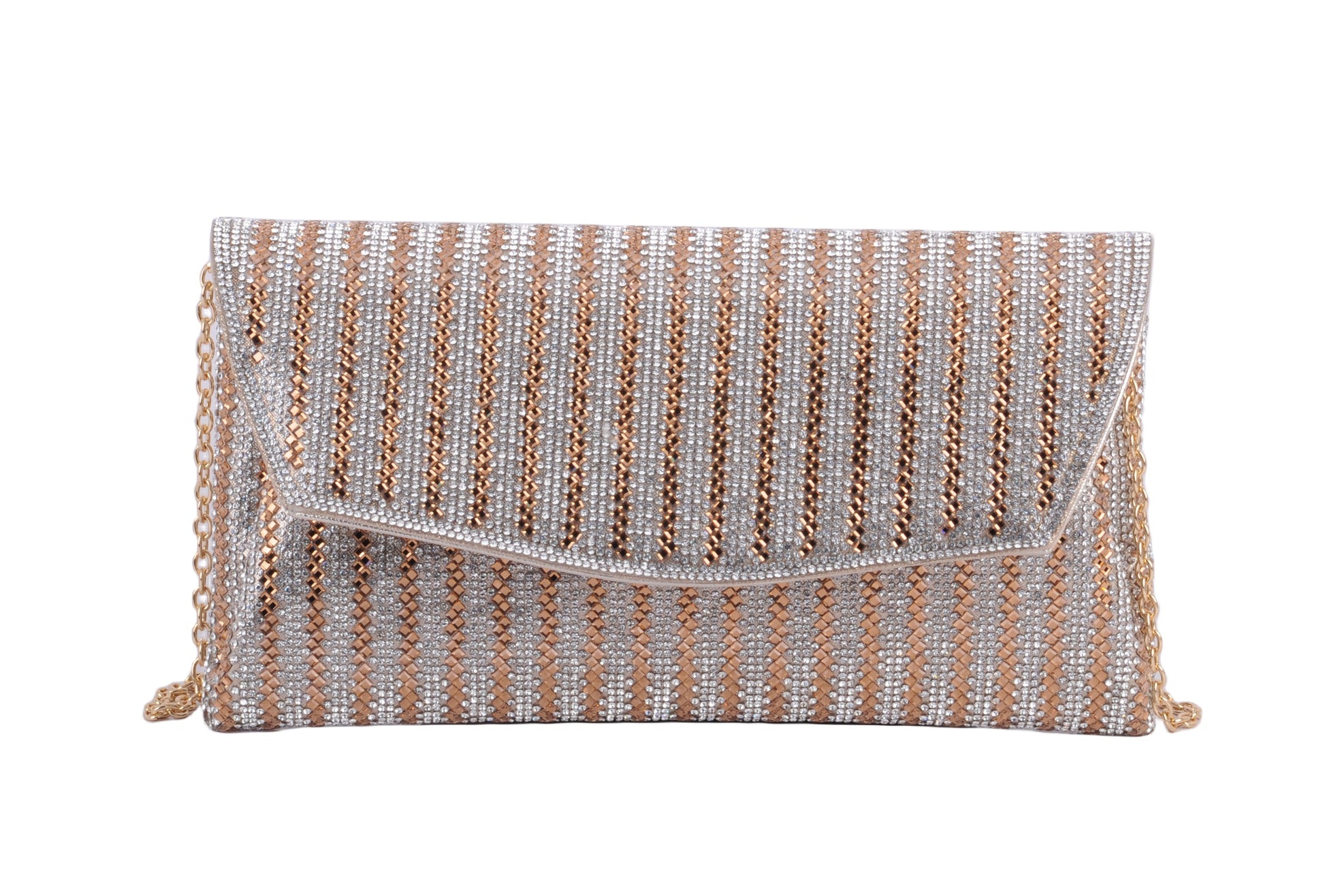 1596-GOLD 1596 - Dazzling Allure: Rhinestone Glam Envelope Clutch with Crossbody Strap - Wholesale Handbag - Most Wanted USA