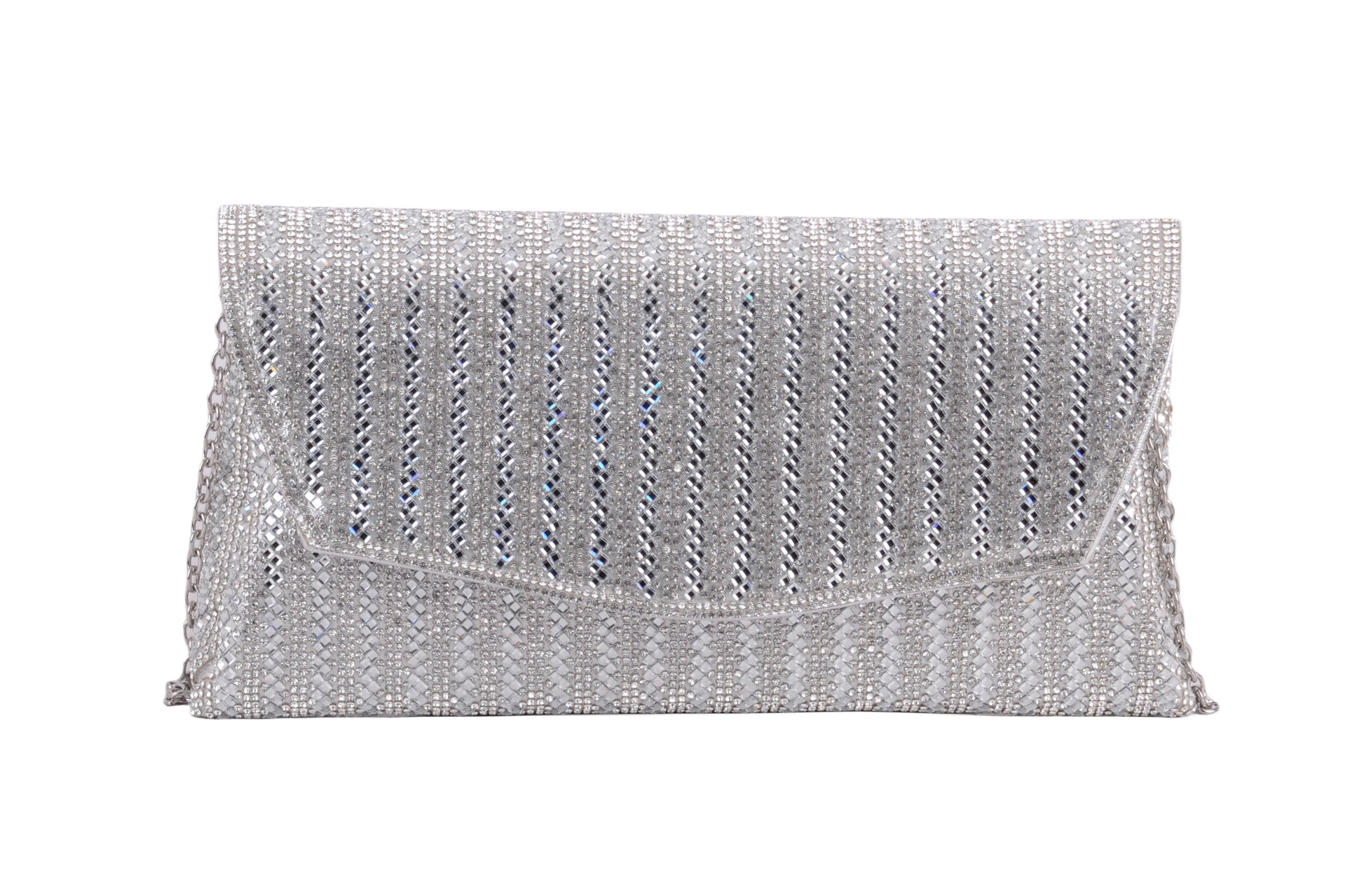 1596-SILVER - Dazzling Allure: Rhinestone Glam Envelope Clutch with Crossbody Strap - Wholesale Handbag - Most Wanted USA