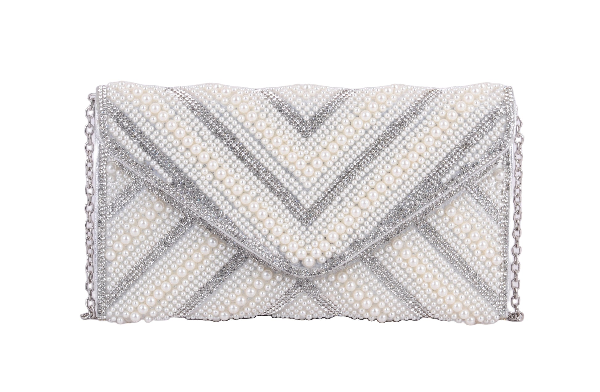 1597-SILVER - Beaded Pearl Envelope Clutch - A Timeless Fashion Accent - Wholesale Handbag - Most Wanted USA