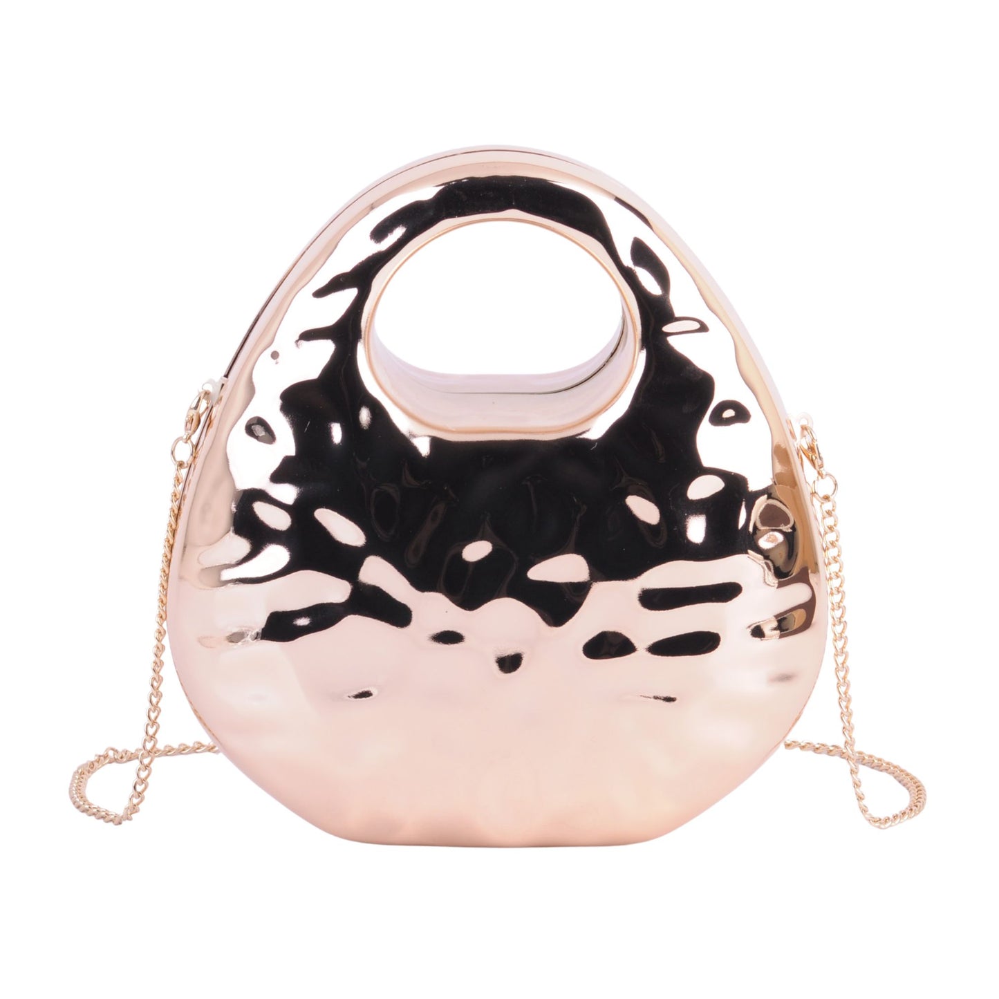 1601-BRUSH GOLD-Metallic Chrome Hammered Finish Crossbody with Rounded Top Handle and Chain Strap-Wholesale Handbag-MW