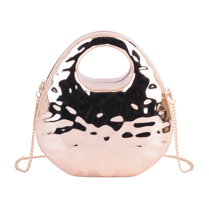 1601-BRUSH GOLD-Metallic Chrome Hammered Finish Crossbody with Rounded Top Handle and Chain Strap-Wholesale Handbag-MW