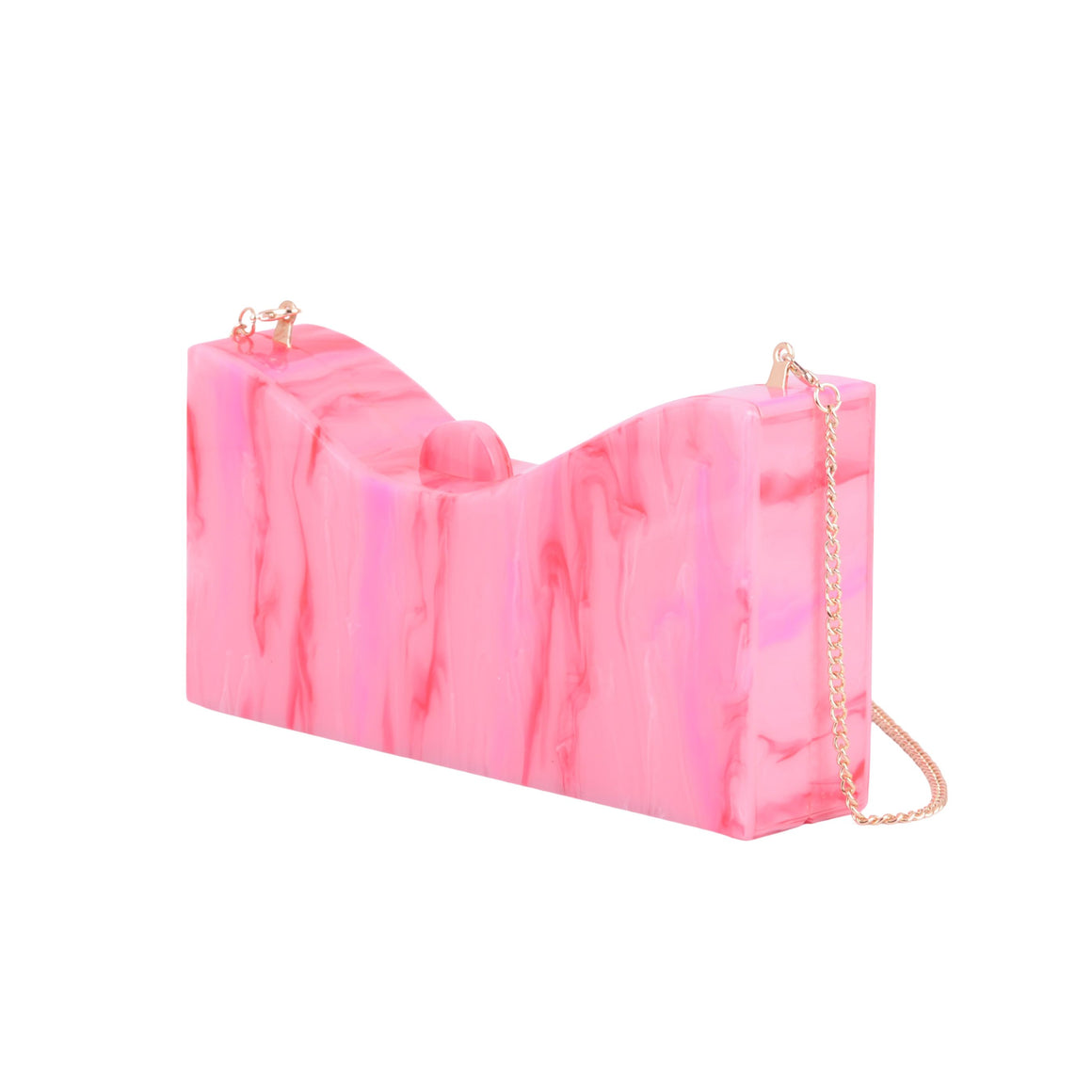 1604 - Modern Glamour: Asymmetrical Acrylic Clutch in Marble Pink with Chain Crossbody Strap