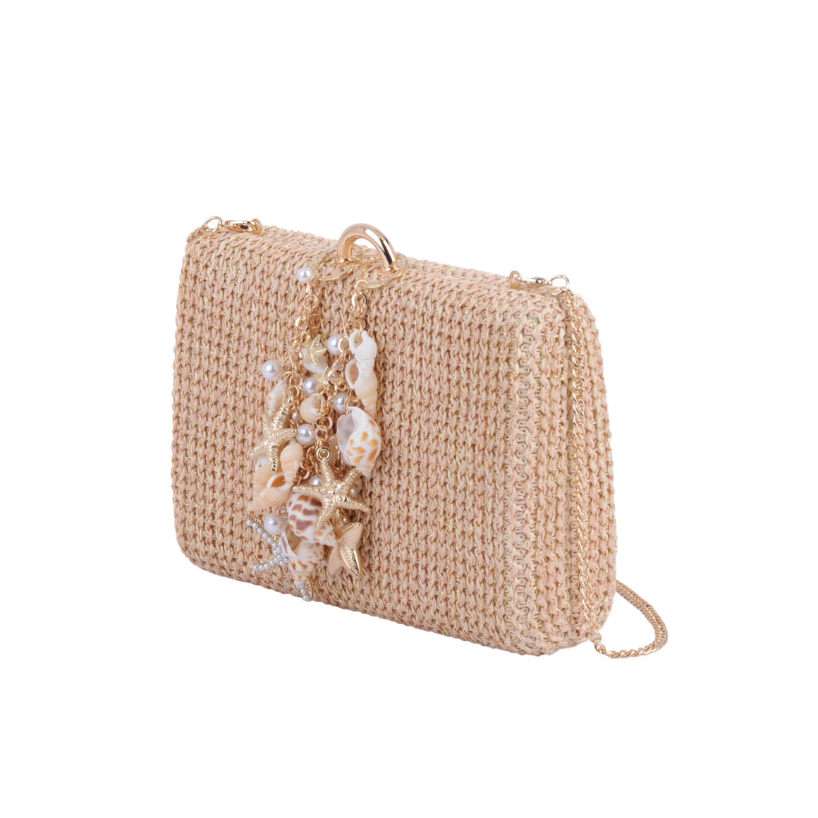 1606 - Seaside Chic: Raffia Clutch with Assorted Seashell Accent and Chain Crossbody Strap