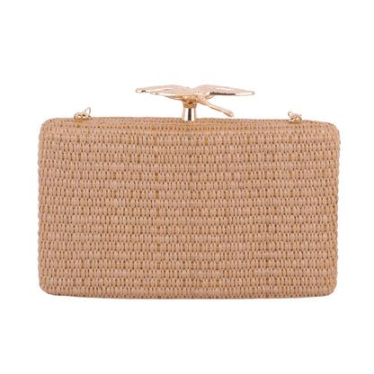 1607-DARK NATURAL - Dragonfly Hardware Raffia Clutch with Chain Crossbody - Wholesale Handbag - Most Wanted USA