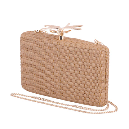 1607 - Whimsical Elegance: Dragonfly Hardware Raffia Clutch with Chain Crossbody - Wholesale Handbag - Most Wanted USA