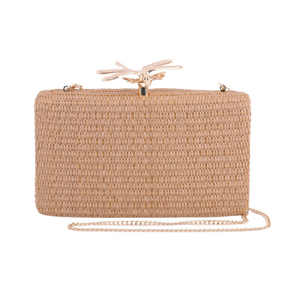 1607 - Whimsical Elegance: Dragonfly Hardware Raffia Clutch with Chain Crossbody - Wholesale Handbag - Most Wanted USA