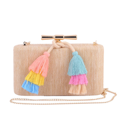 1608-BEIGE - Gold Bar Hardware Raffia Clutch with Colorful Tassel and Chain Crossbody Strap - Wholesale Handbag - MW