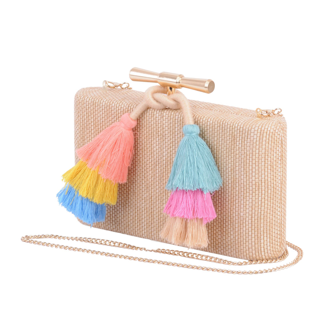 1608 - Gilded Glamour: Gold Bar Hardware Raffia Clutch with Colorful Tassel and Chain Crossbody Strap