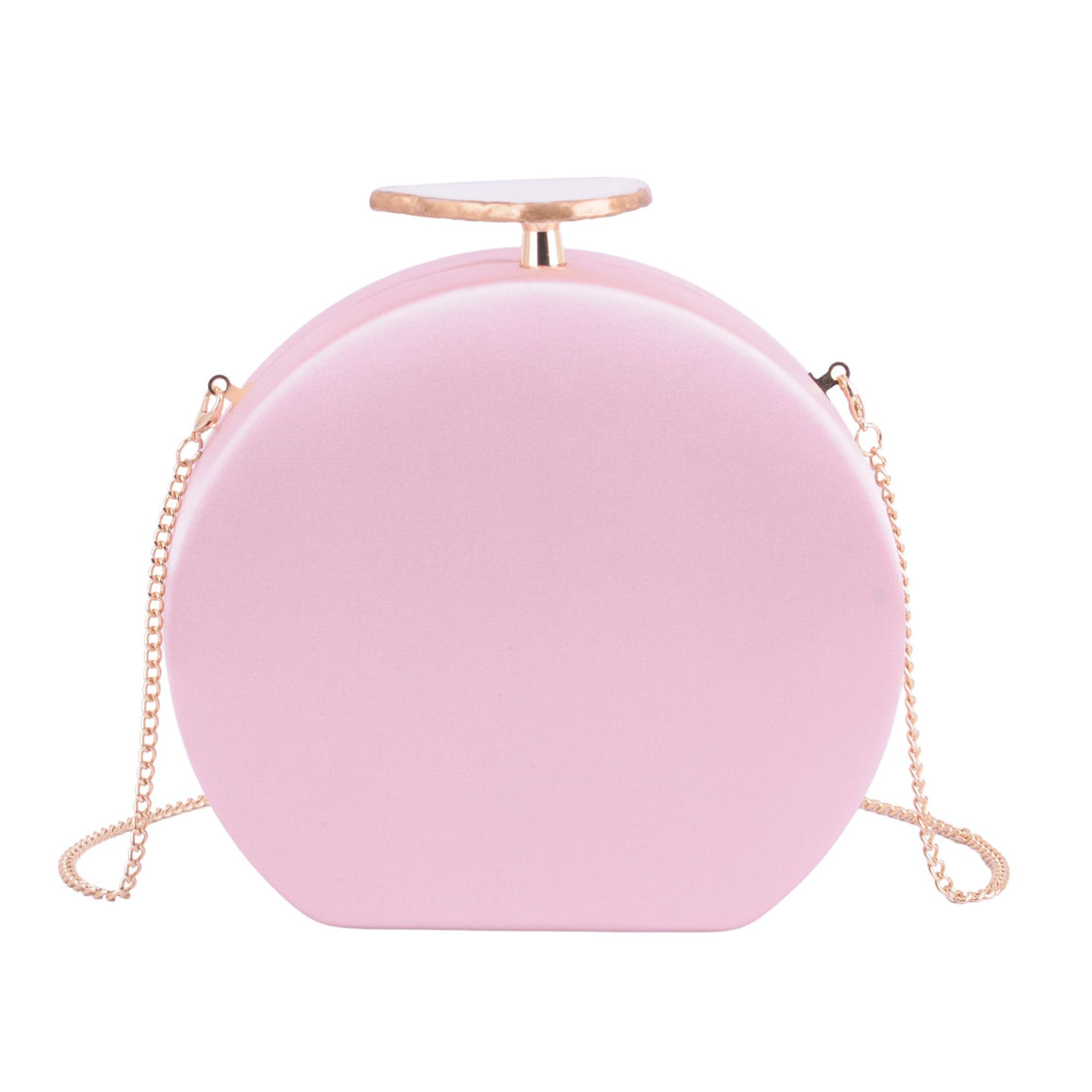1610 - Timeless Elegance: Silk Round Clutch with Raw Cut Stone Top and Chain Crossbody Stra