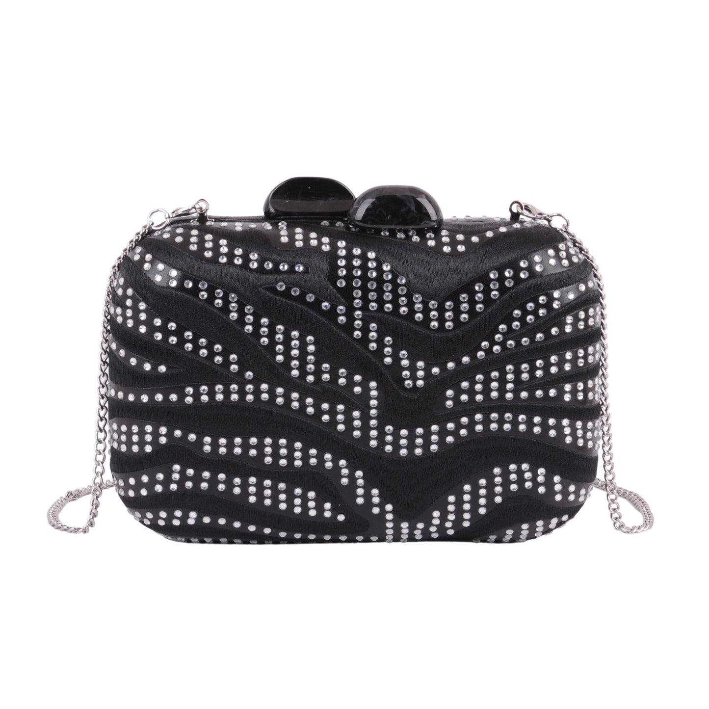 1611-BLACK - Natural Handmade Embroidery and Crystal Waves Clutch with Chain Crossbody - Wholesale Handbag - Most Wanted USA