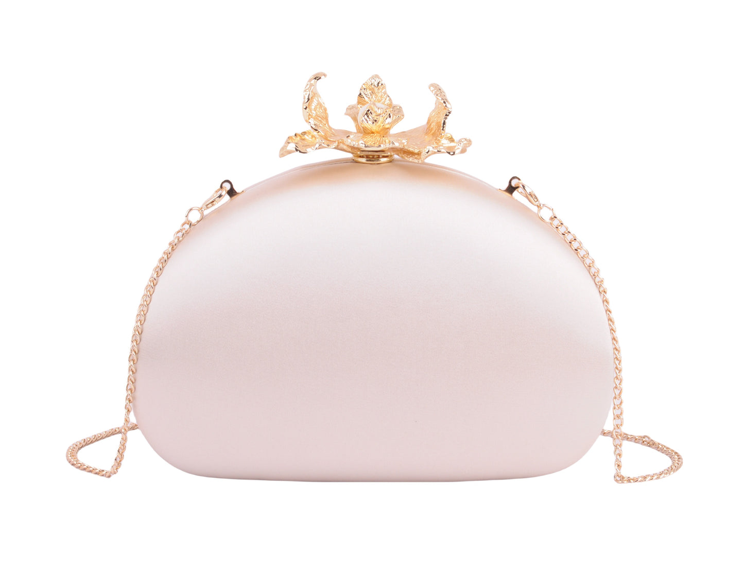 1612 - Silk Round Clutch with Intricate Flower Hardware and Chain Crossbody Strap - Wholesale Handbag - Most Wanted USA