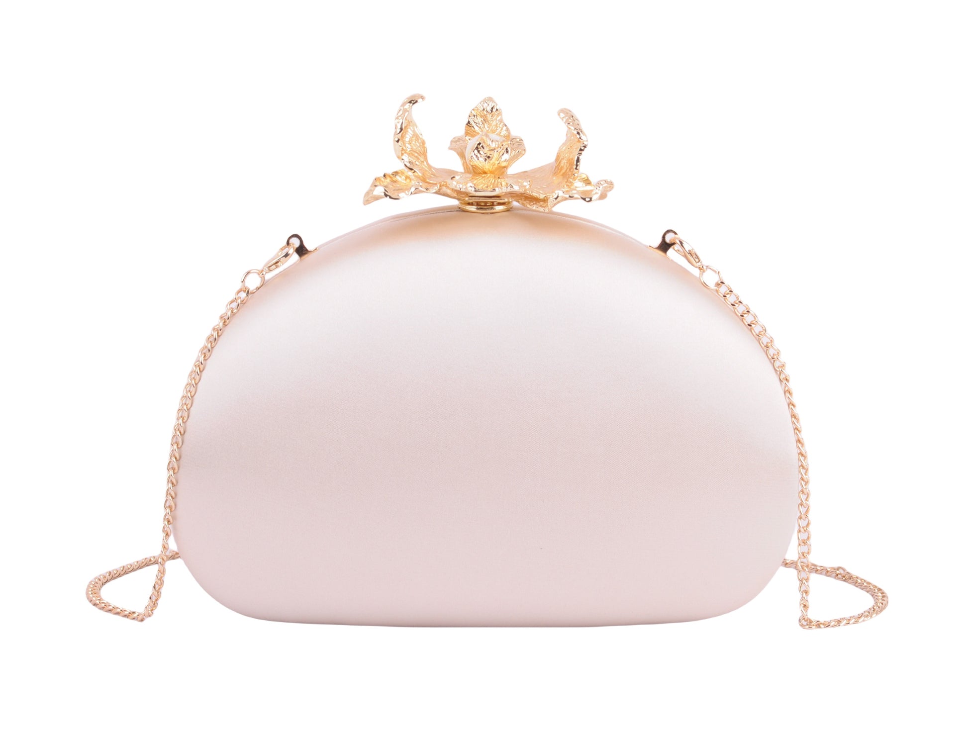 1612 - Silk Round Clutch with Intricate Flower Hardware and Chain Crossbody Strap - Wholesale Handbag - Most Wanted USA