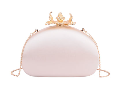1612 - Silk Round Clutch with Intricate Flower Hardware and Chain Crossbody Strap - Wholesale Handbag - Most Wanted USA