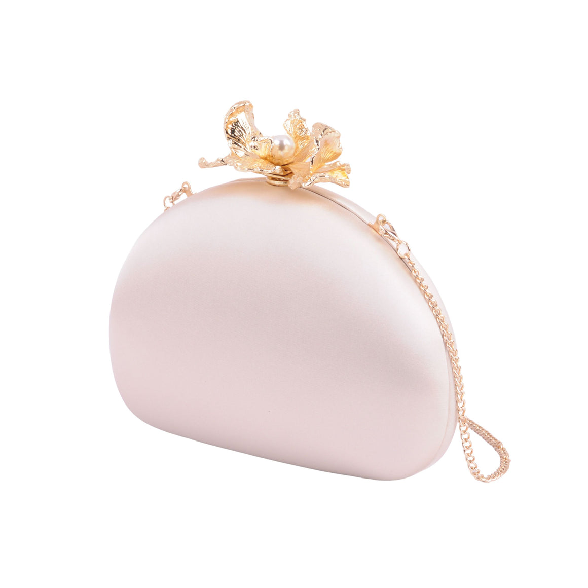 1612 - Floral Grace: Silk Round Clutch with Intricate Flower Hardware and Chain Crossbody Strap