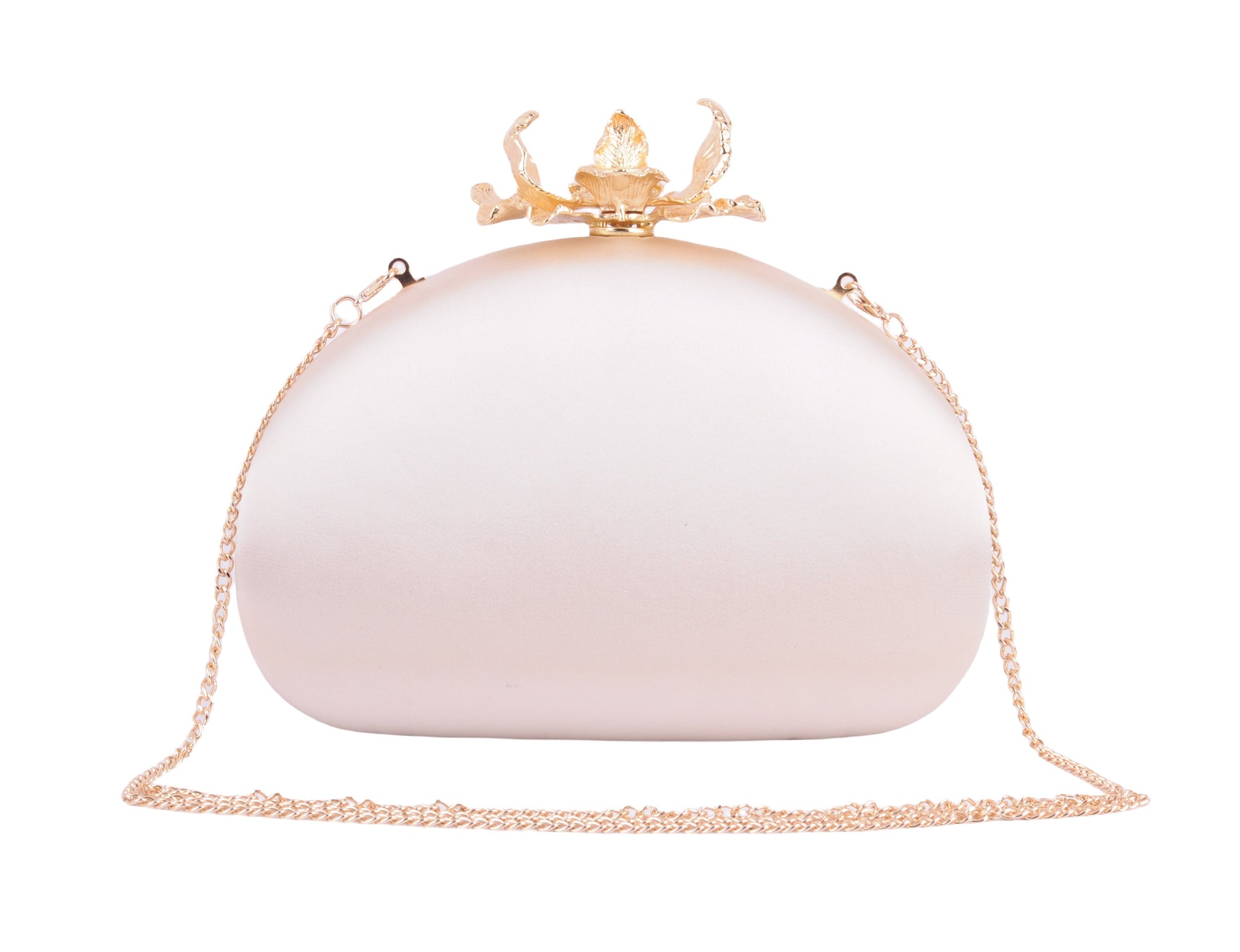1612-PEARL - Silk Round Clutch with Intricate Flower Hardware and Chain Crossbody Strap - Wholesale Handbag - Most Wanted USA